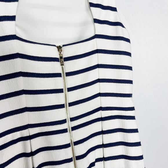 Eliza J 2 Navy Blue White Striped Fit and Flare Dress Pleated Keyhole Pockets - Picture 9 of 14